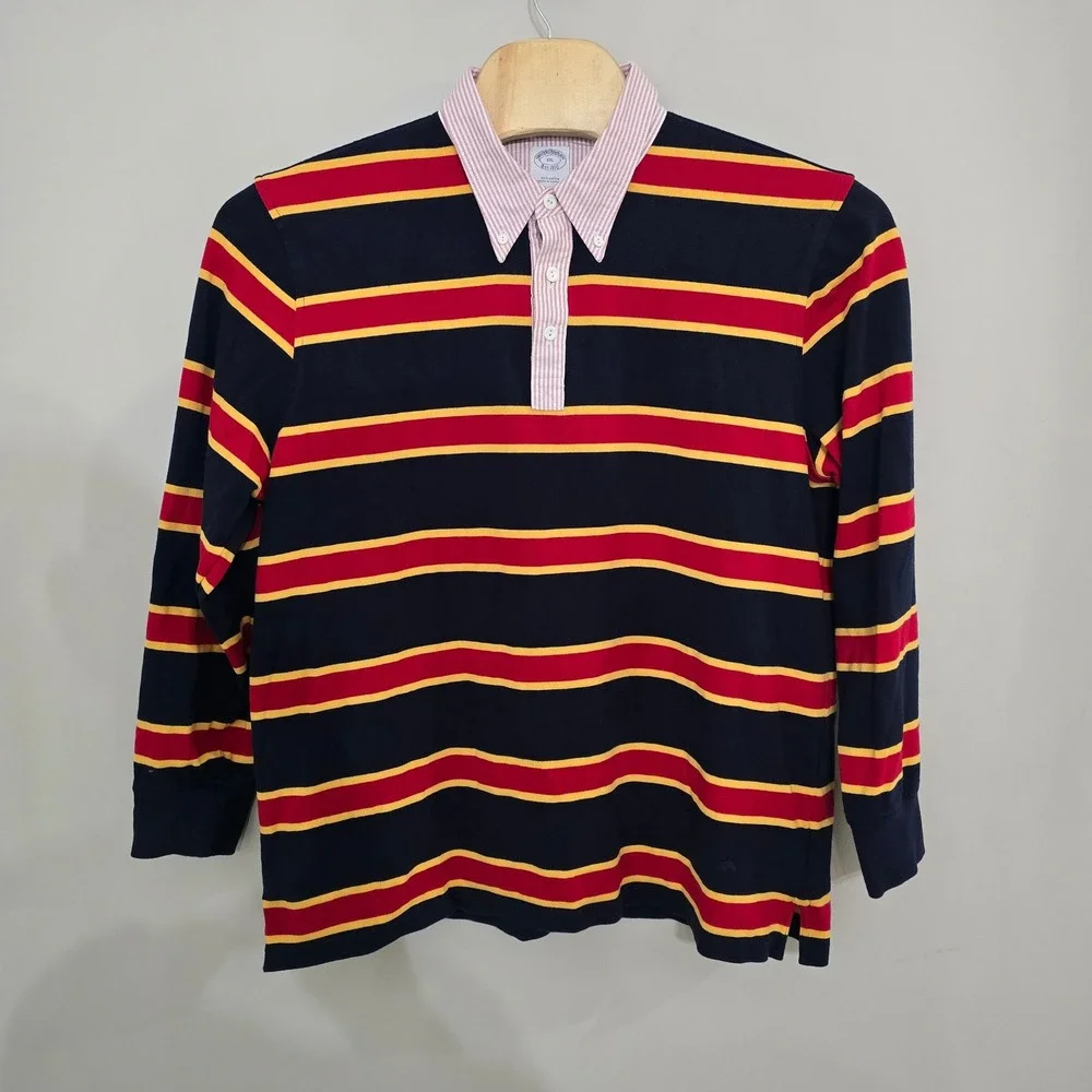 Brooks Brothers Mens XXL Striped Rugby Shirt Long‎ Sleeve Navy Red Yellow Cotton